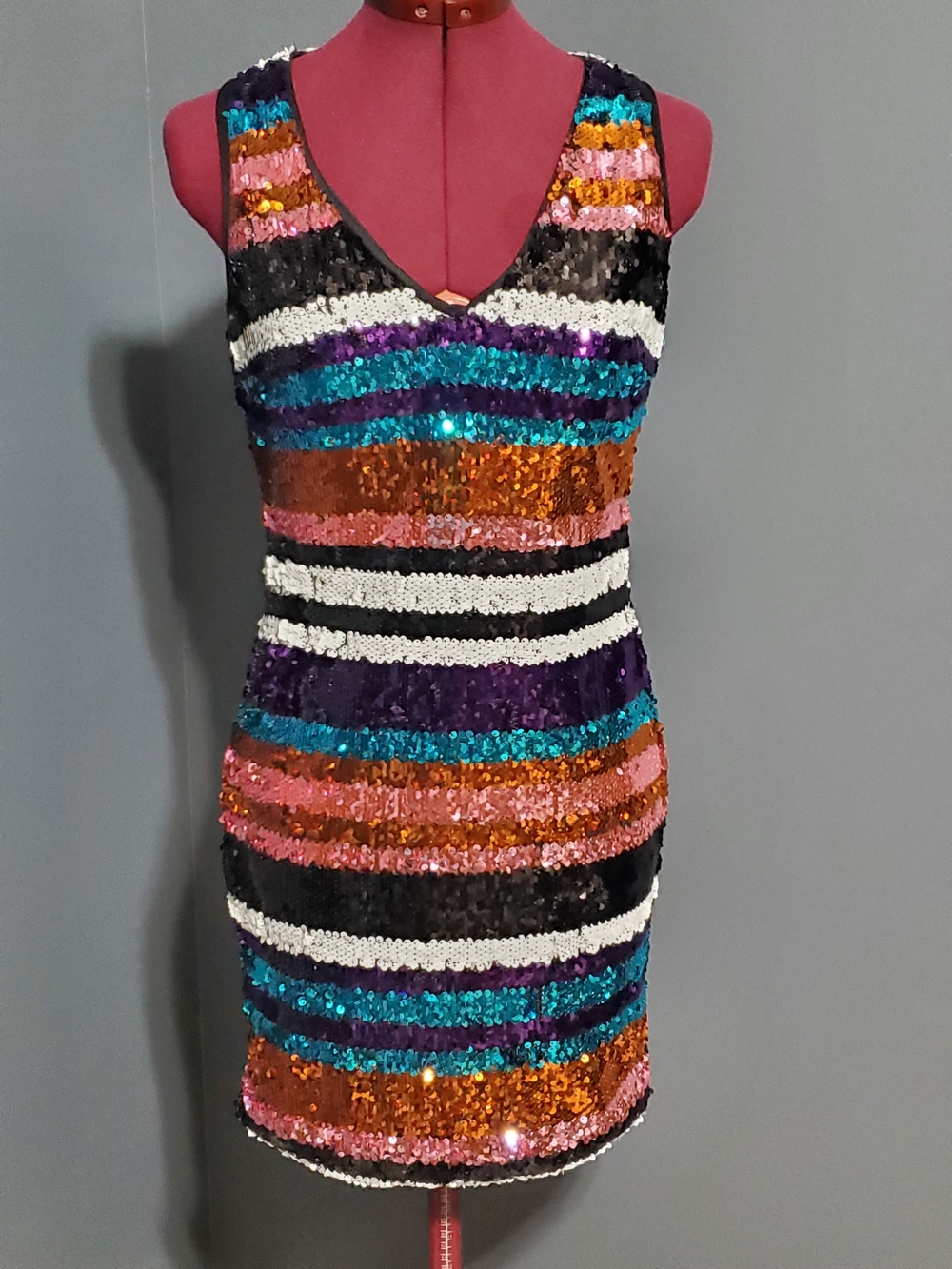 Mocha Apparel Sleeveless Sequin Stripe Mini Dress in Black, Teal & Orange Size S